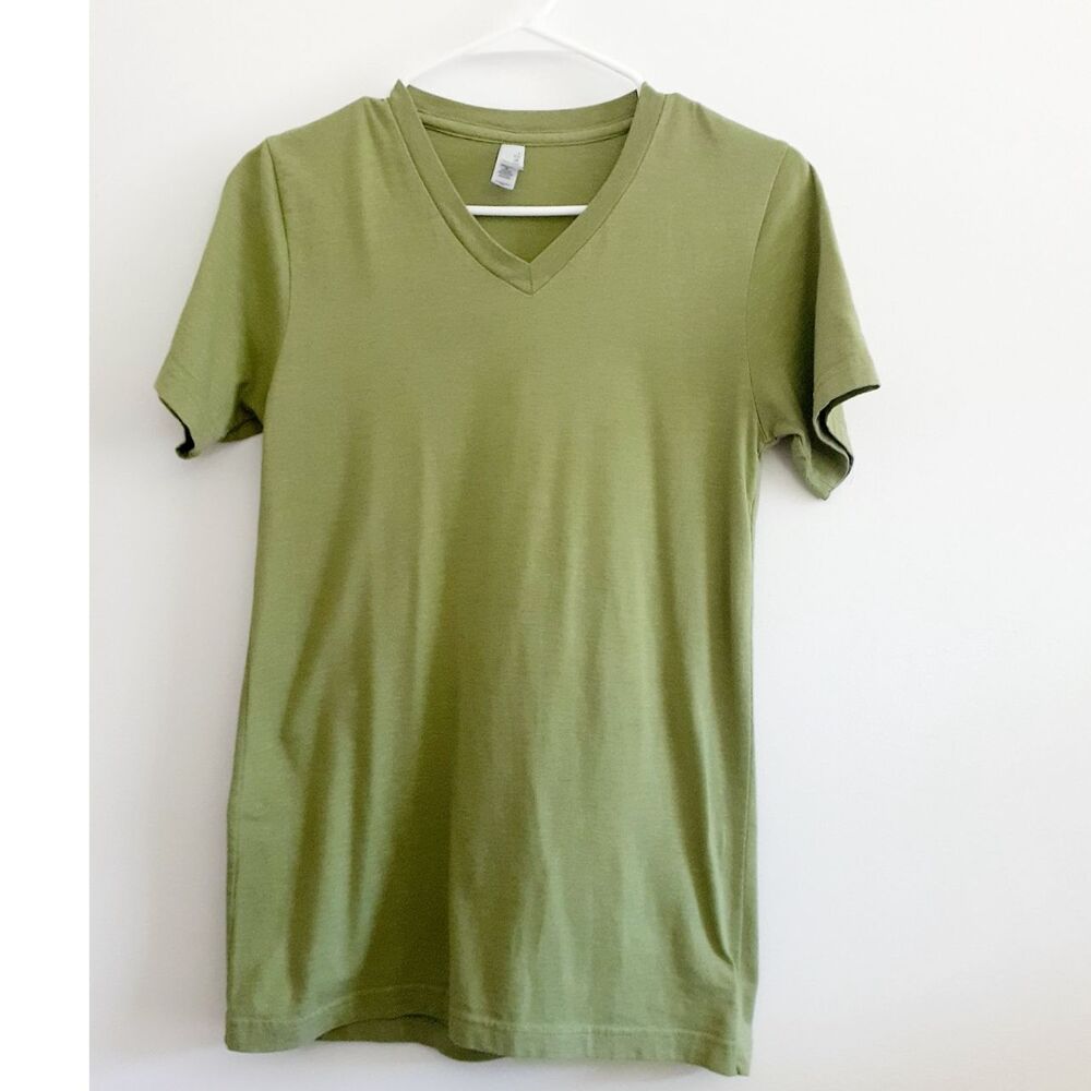 Canvas Solid Olive Green V-Neck Shortsleeves Womens Pullover Cotton Blend Tee XS